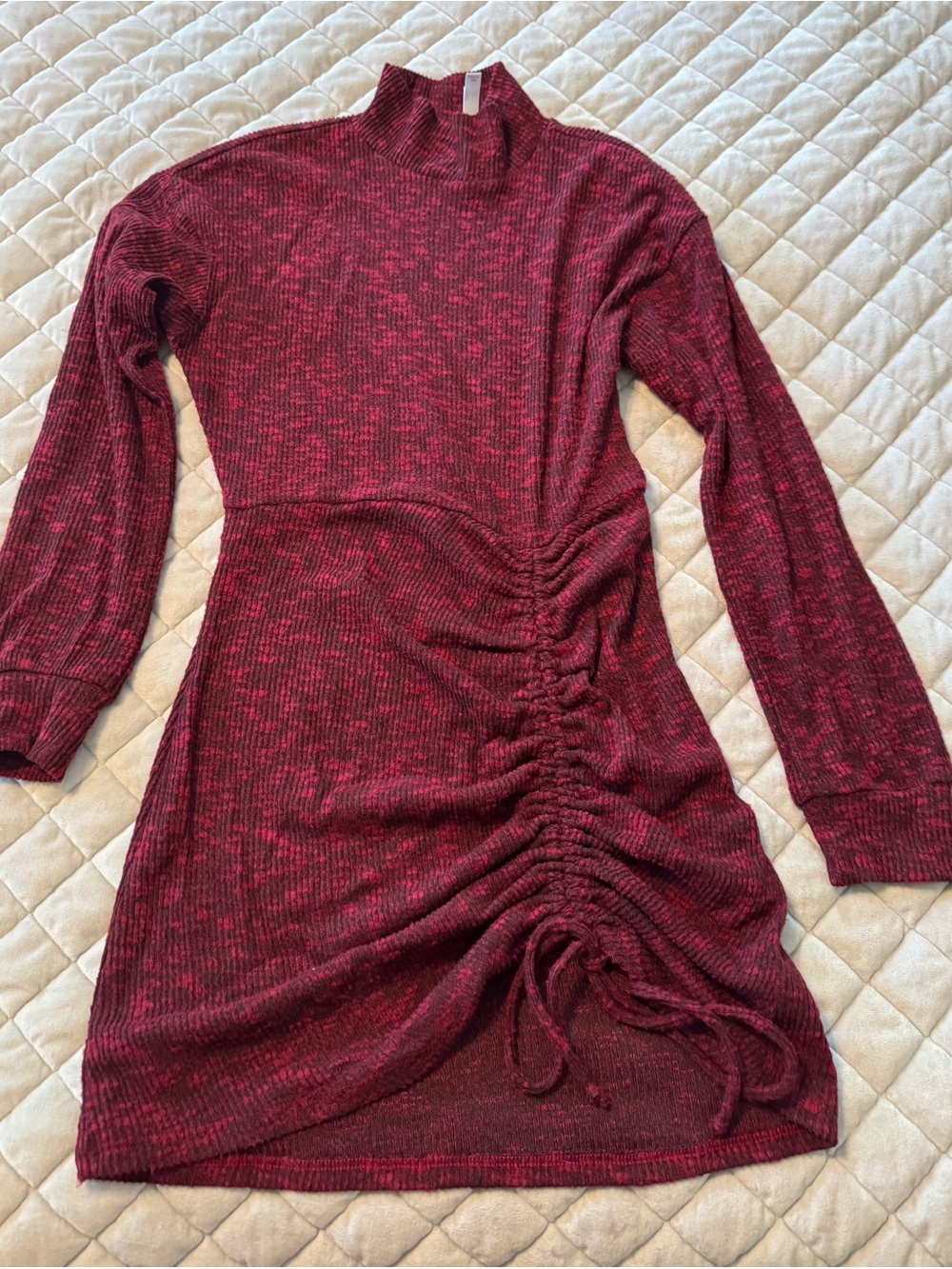 Xhilaration Marled Burgundy Knit Ruched Long-Sleeve Dress